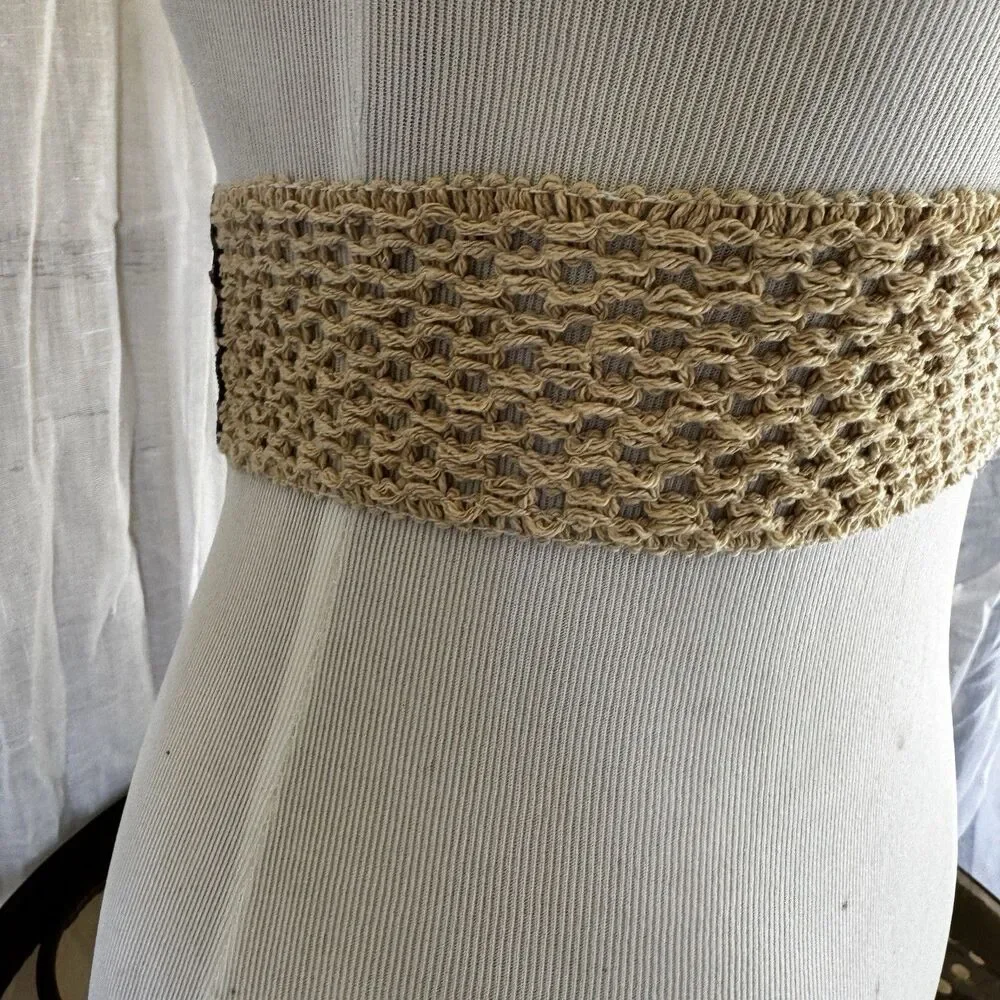 Boho Stretch Woven Crochet Belt Brown Faux Suede Double Buckle Corset 24-40 Inch